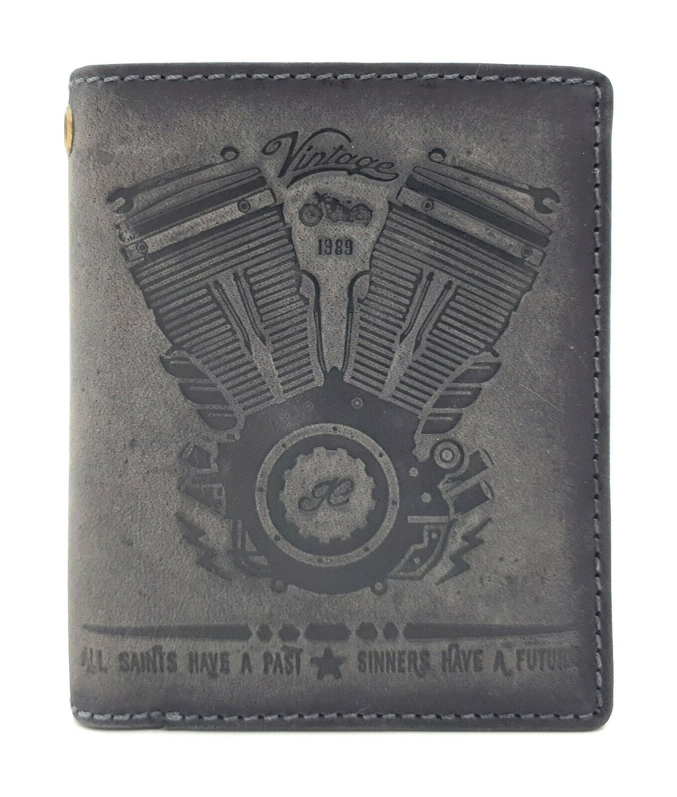 Jockey Club echt Leder Biker Geldbörse Geldbeutel Portemonnaie + 50cm Kette Motor Motorblock mit RFID Schutz grau