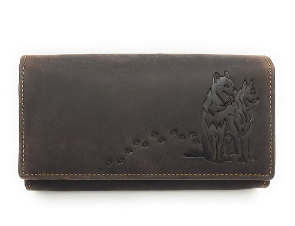 Jockey Club echt Leder Damen Geldbörse Portemonnaie Huskies Husky Hunde mit RFID NFC Schutz dunkelbraun
