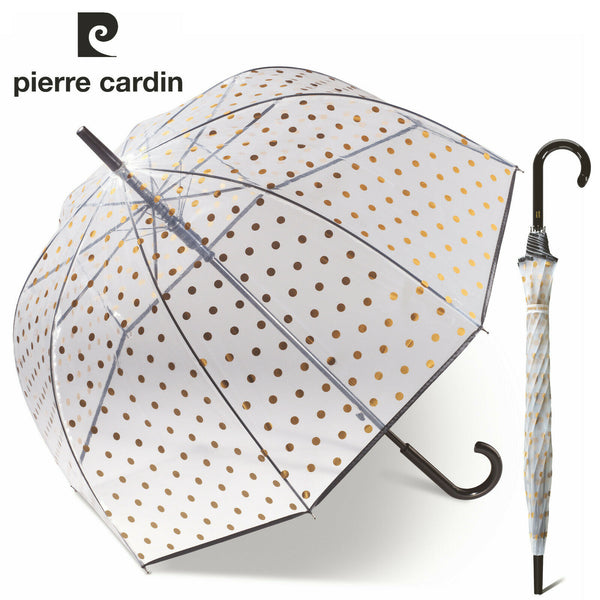 Pierre Cardin Damen Automatik Regenschirm Stockschirm transparent metallic dots gold