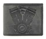 Jockey Club echt Leder Geldbörse Geldbeutel Portemonnaie Motor Motorblock + 50cm Kette mit RFID Schutz grau