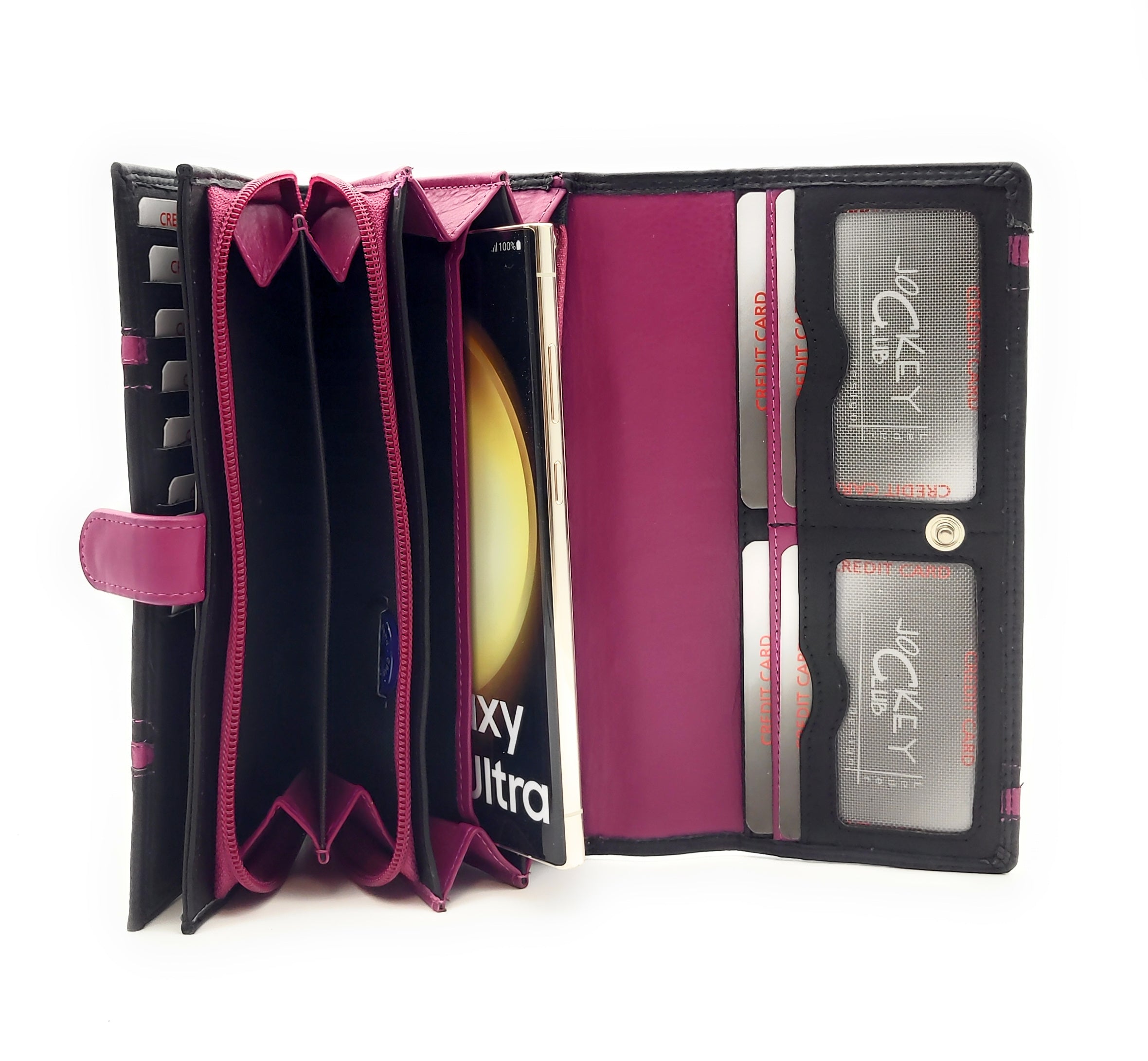 Jockey Club XL echt Leder Damen Geldbörse Portemonnaie 16 Kartenfächer mit RFID Schutz schwarz pink