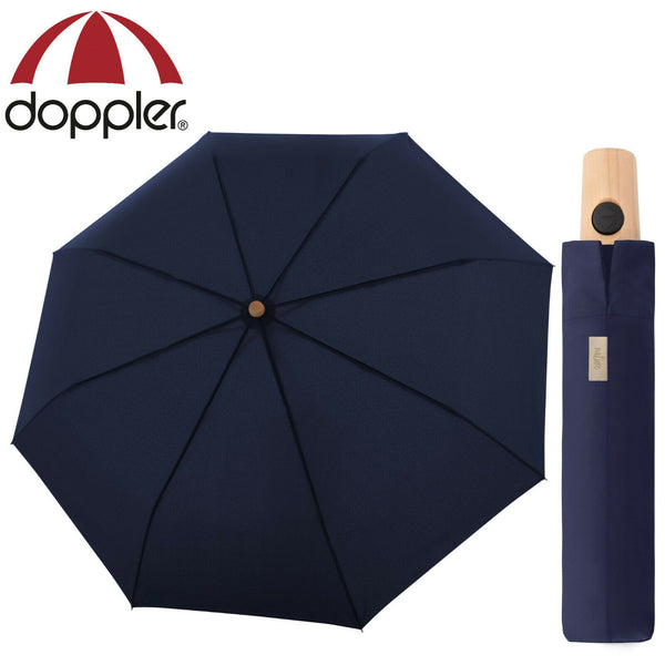 doppler nachhaltiger Regenschirm Nature Taschenschirm sturmsicher bis 100km/h recyceltes Polyester Holzgriff deep blue