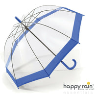 Happy Rain Regenschirm Stockschirm transparent durchsichtig mit blauem Rand Glockenschirm