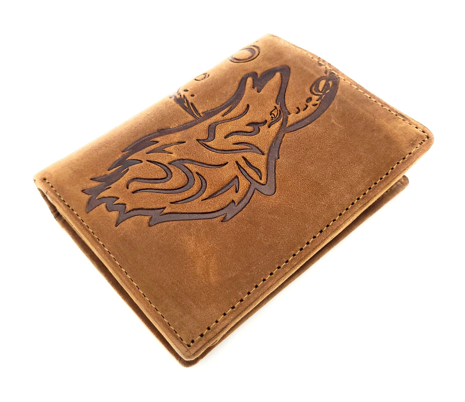 echt Leder Geldbörse Portemonnaie heulender Wolf Mond mit RFID NFC Schutz cognac