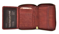 Jockey Club echt Leder Damen Reißverschluss Geldbörse, kompakt, weiches Lammnappa-Leder Shabby Chic Used Optik Vintage Style Nieten rot