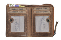 Jockey Club Damen Mini Geldbörse mit RFID Schutz, handgewalktes, gewachstes Rind-Leder Omen of Joy Antik Used Optik Cognac braun mit rotem Keder