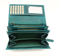 Jockey Club echt Leder Damen Geldbörse lang Portemonnaie geprägtes Vollrindleder mit RFID Schutz petrol