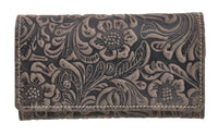 Jockey Club Damen Geldbörse lang Portemonnaie geprägtes Vollrindleder Ranken und Blüten mit RFID Schutz braun