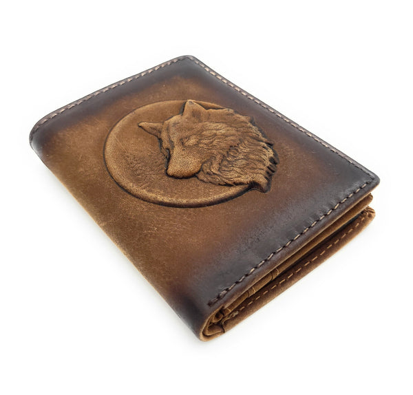 Jockey Club echt Leder Mini Geldbörse Portemonnaie 3D Wolf mit RFID NFC Schutz