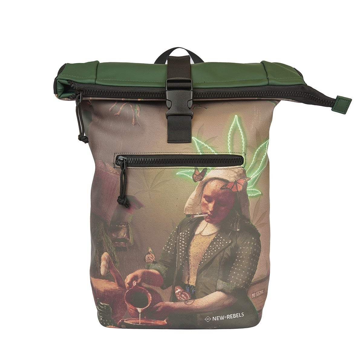 New Rebels Mart Art Roll Up Kurier Rucksack New York Milkmaid mit Joint rauchendem Milchmädchen und Cannabisblatt, wasserabweisend, Laptopfach