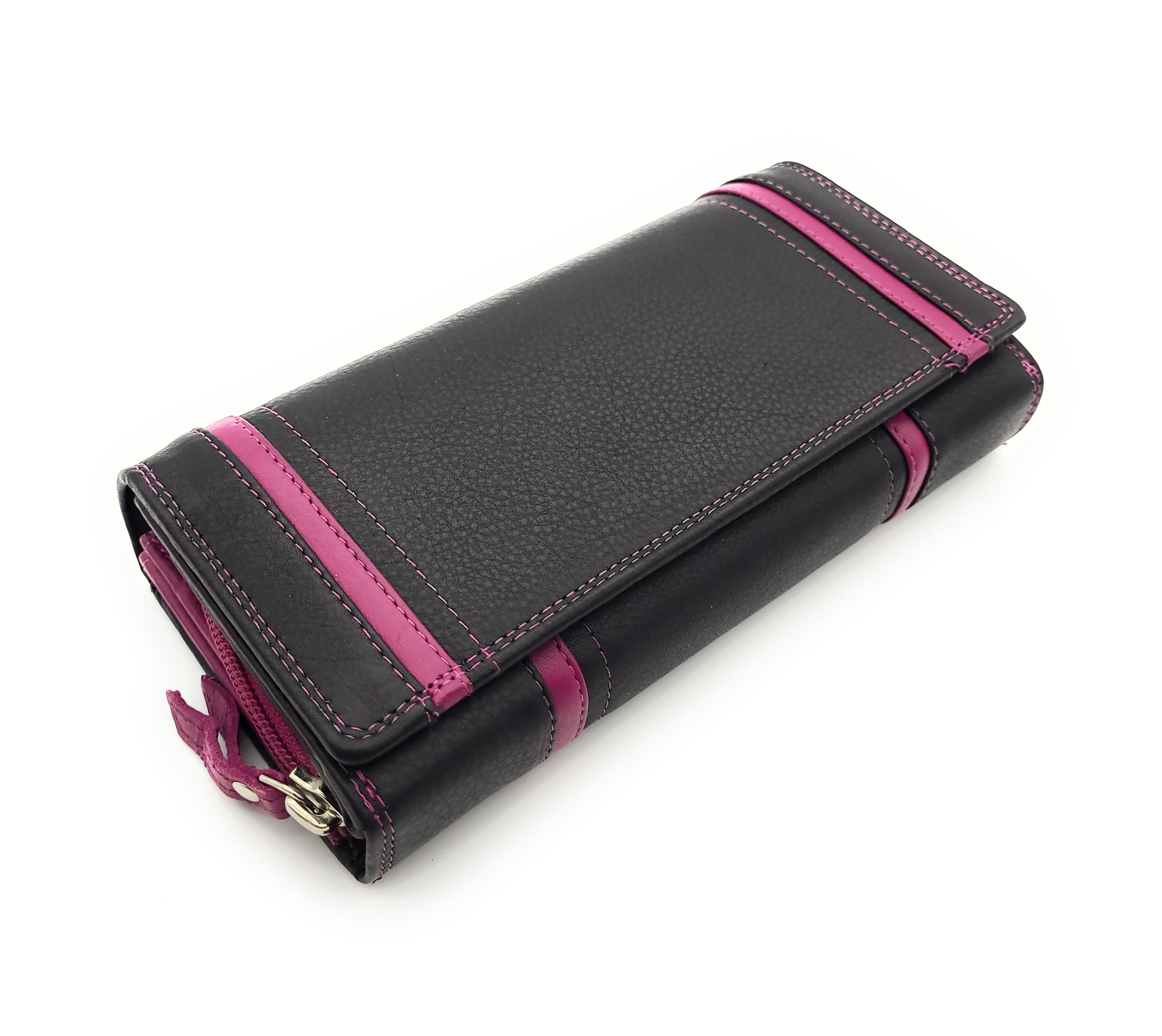 Jockey Club XL echt Leder Damen Geldbörse Portemonnaie 16 Kartenfächer mit RFID Schutz schwarz pink