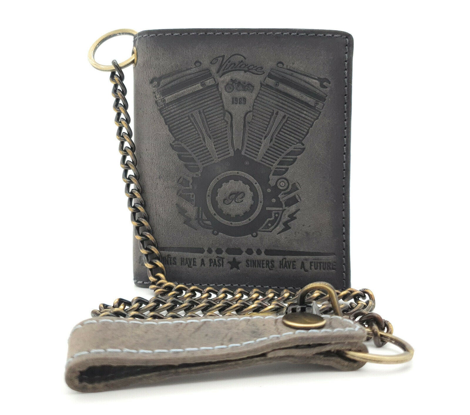 Jockey Club echt Leder Biker Geldbörse Geldbeutel Portemonnaie + 50cm Kette Motor Motorblock mit RFID Schutz grau