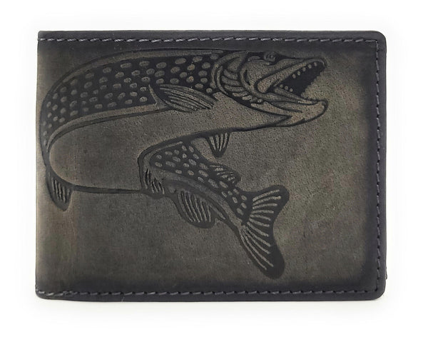 Jockey Club echt Leder Geldbörse Hunterleder Portemonnaie Geldbeutel Hecht Fisch Anglerbörse mit RFID Schutz vintage