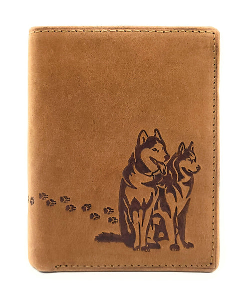 echt Leder Geldbörse Portemonnaie Huskies Husky Hunde mit RFID NFC Schutz cognac
