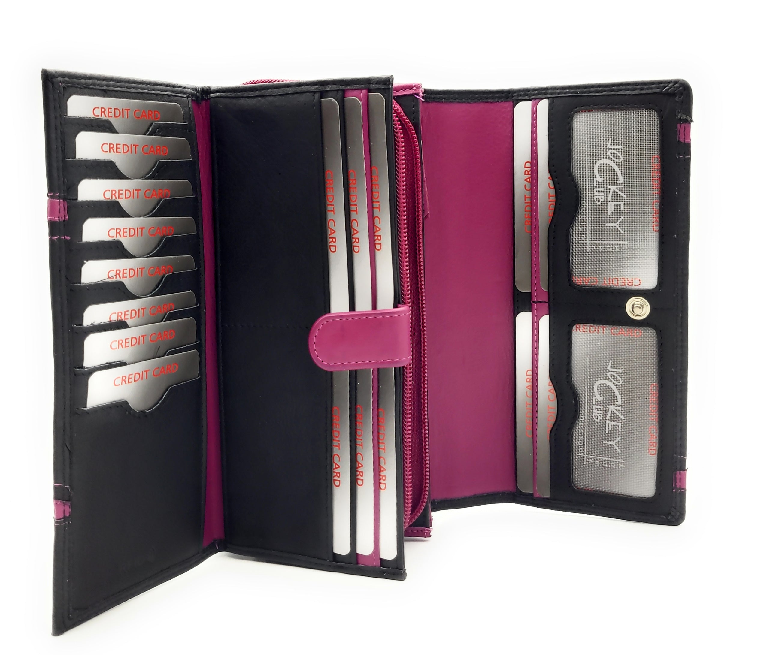Jockey Club XL echt Leder Damen Geldbörse Portemonnaie 16 Kartenfächer mit RFID Schutz schwarz pink