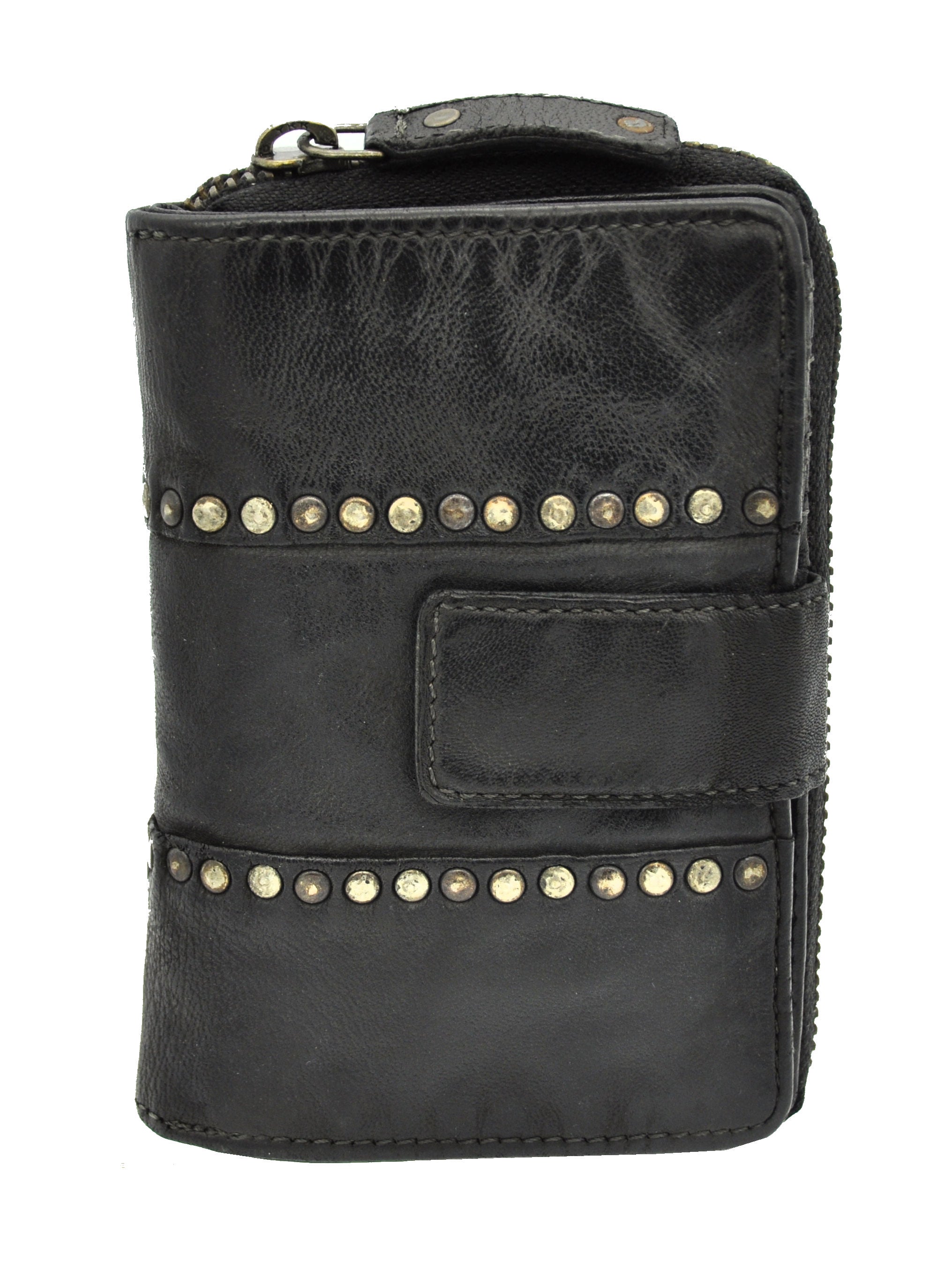 Jockey Club Damen Geldbörse lang Lammnappa-Leder Shabby Chic Used Optik Nieten schwarz