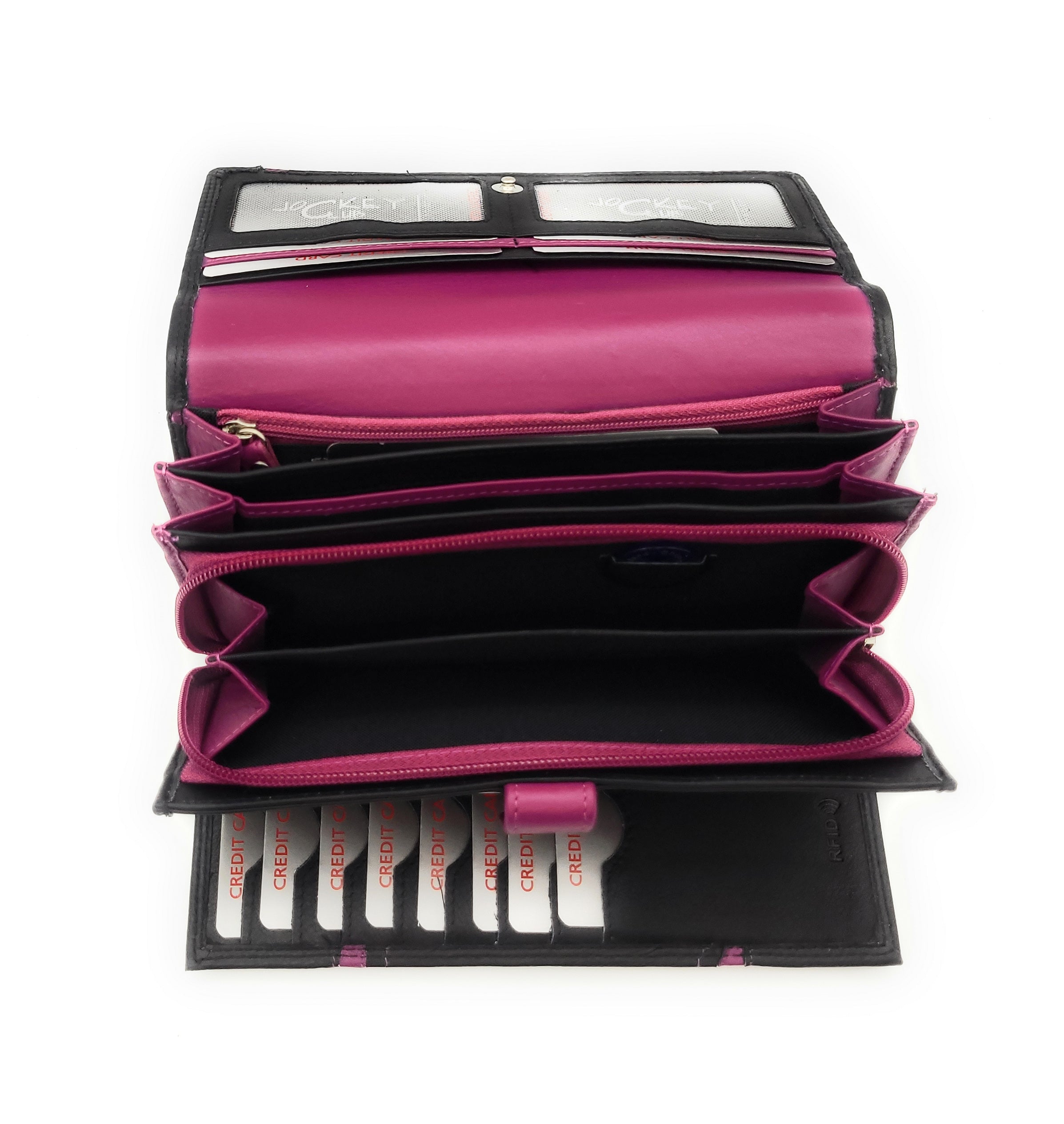 Jockey Club XL echt Leder Damen Geldbörse Portemonnaie 16 Kartenfächer mit RFID Schutz schwarz pink