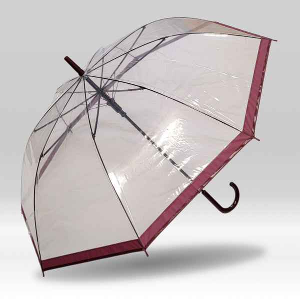 Regenschirm Stockschirm transparent durchsichtig mit Automatik Borte bordeaux