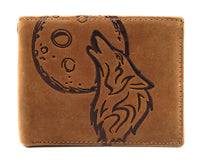 Jockey Club echt Leder Geldbörse Portemonnaie heulender Wolf Mond mit RFID NFC Schutz cognac braun