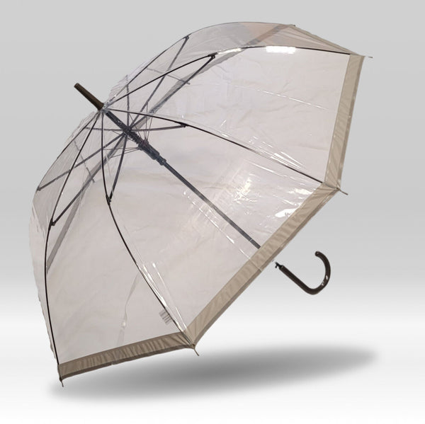 Regenschirm Stockschirm transparent durchsichtig mit Automatik Borte grau