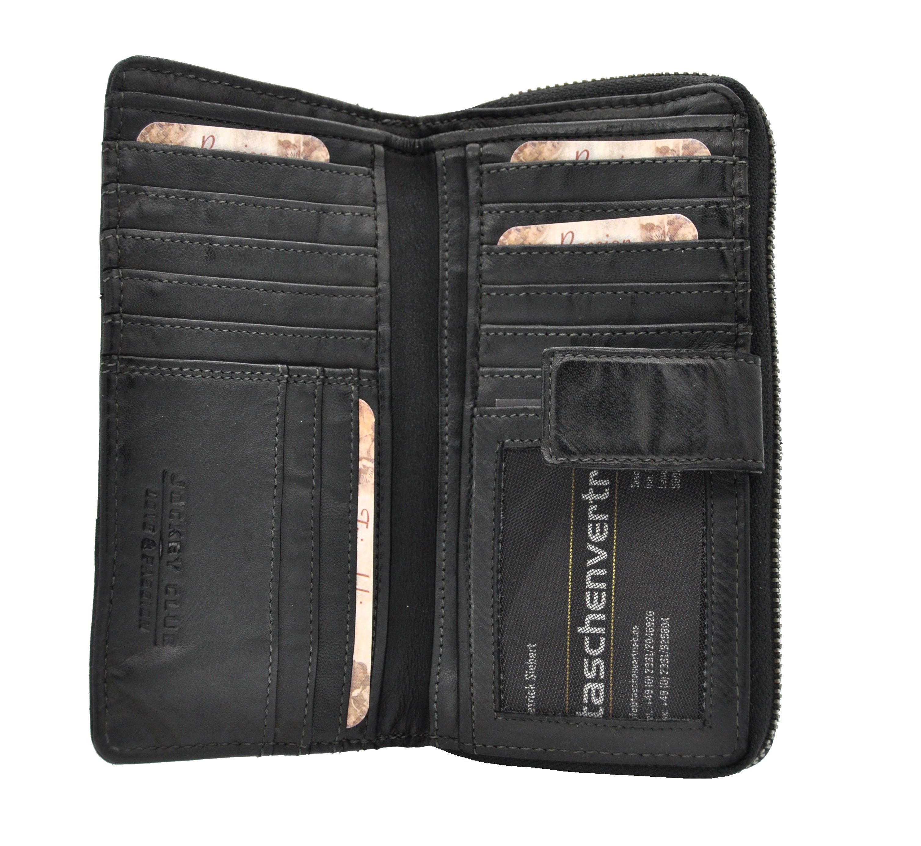 Jockey Club Damen Geldbörse lang Lammnappa-Leder Shabby Chic Used Optik Nieten schwarz