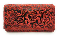 Jockey Club Damen Geldbörse lang Portemonnaie geprägtes Vollrindleder Ranken und Blüten mit RFID Schutz rot