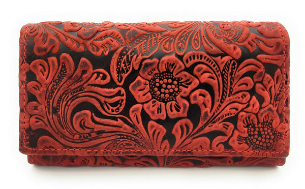 Jockey Club Damen Geldbörse lang Portemonnaie geprägtes Vollrindleder Ranken und Blüten mit RFID Schutz rot