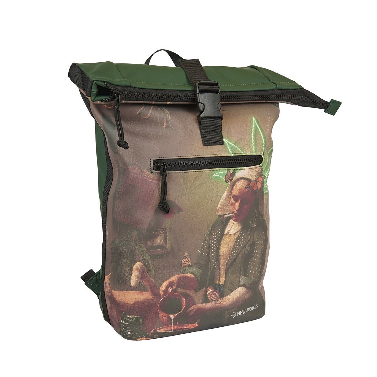 New Rebels Mart Art Roll Up Kurier Rucksack New York Milkmaid mit Joint rauchendem Milchmädchen und Cannabisblatt, wasserabweisend, Laptopfach